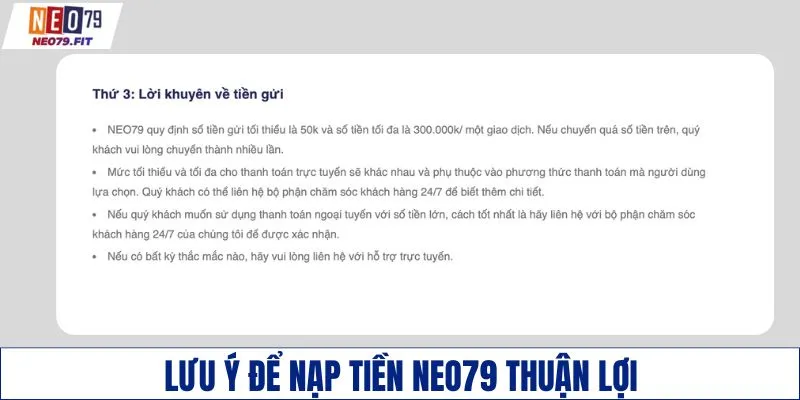 Lưu ý để nạp tiền NEO79 thuận lợi