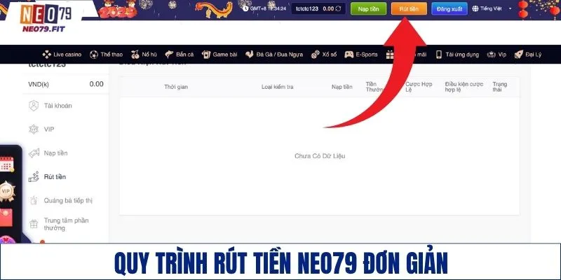 Quy trình rút tiền NEO79 đơn giản